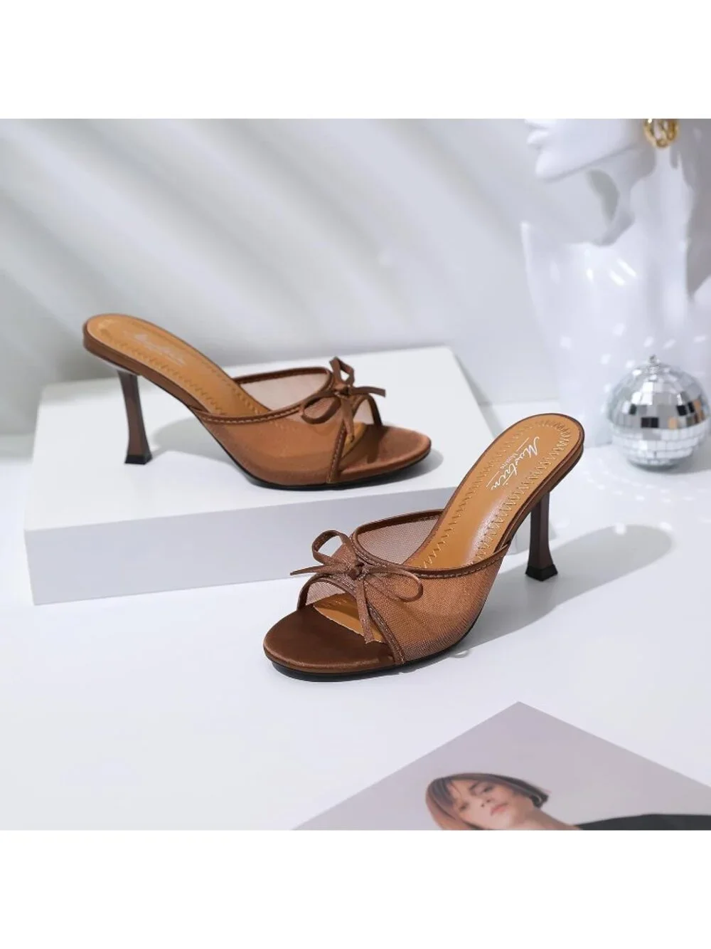 Women's Brown Kitten Heels Round Toe Heels With Bow Vintage Mules Stiletto Shoes - Picture 6 of 7